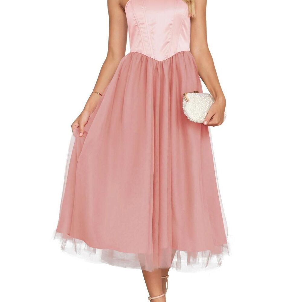 ZESICA Smocked Barbiecore Strapless Corset Tube Top Backless Midi Tulle Dress L